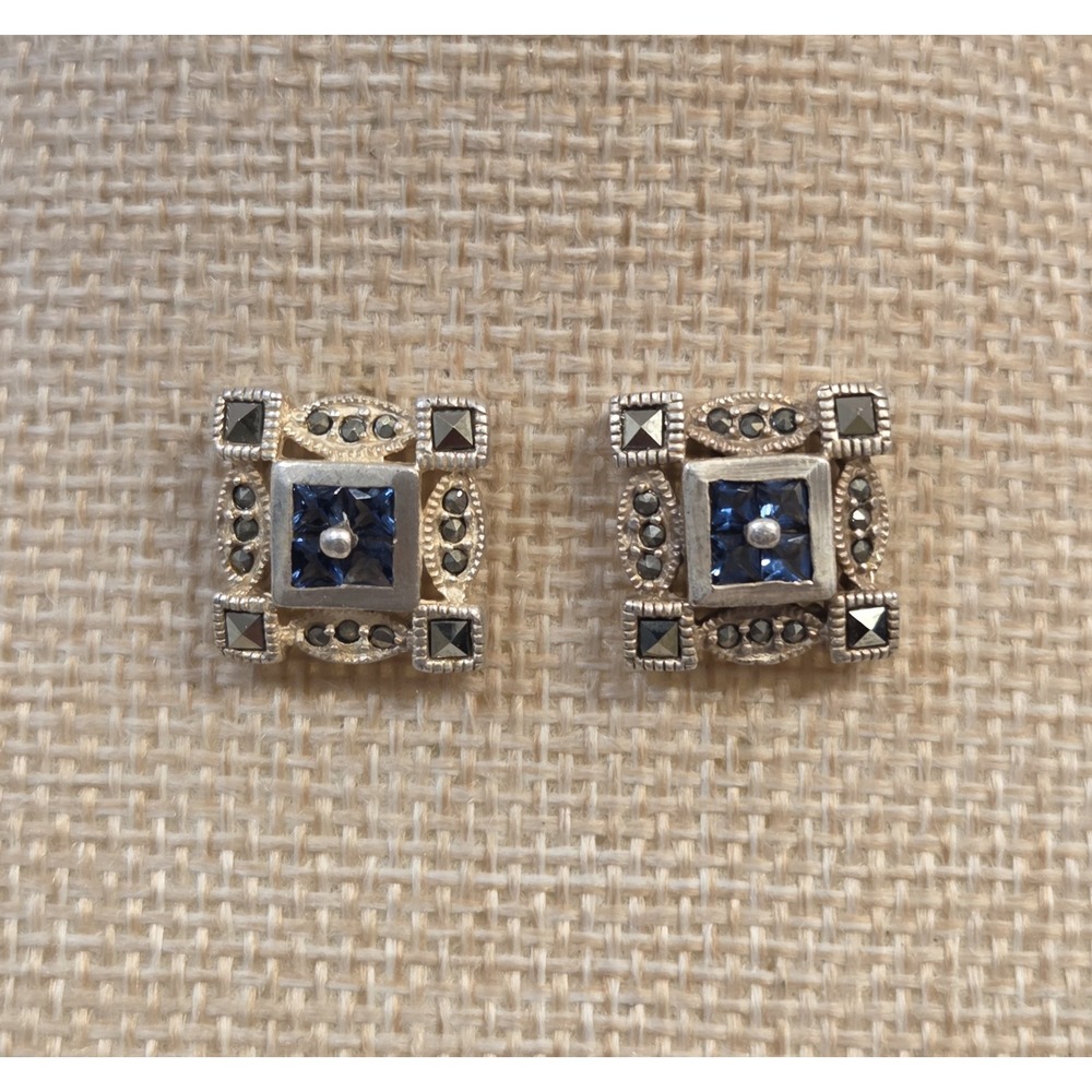 Vintage Art Deco Style Sterling Silver Marcasite & Blue Stone Earrings 925